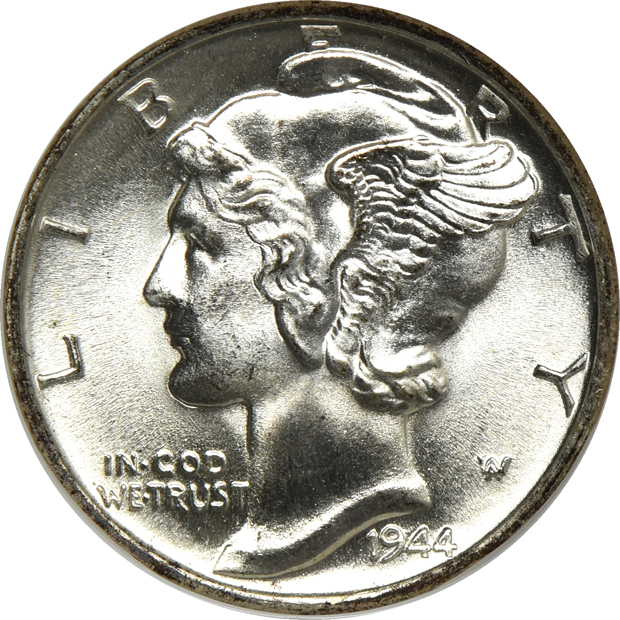 1913 Type 1 Buffalo nickel NGC MS-66, 1940 Mercury dime MS-67 CAC, 1944-S Mercury dime MS-67 FB CAC, and a 1953 Washington quarter PCGS PF-67CAM