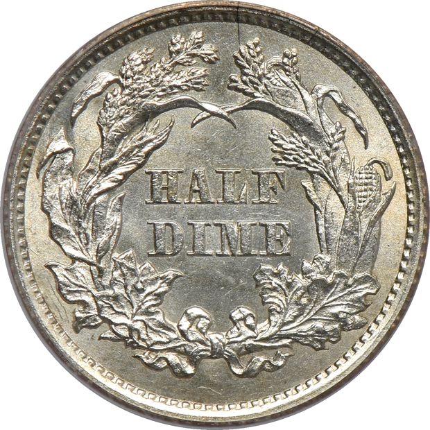 1865 two-cent piece MS-64RD, and an 1862 half-dime MS-62, both PCGS (green label) CAC