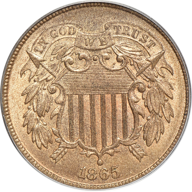 1865 two-cent piece MS-64RD, and an 1862 half-dime MS-62, both PCGS (green label) CAC