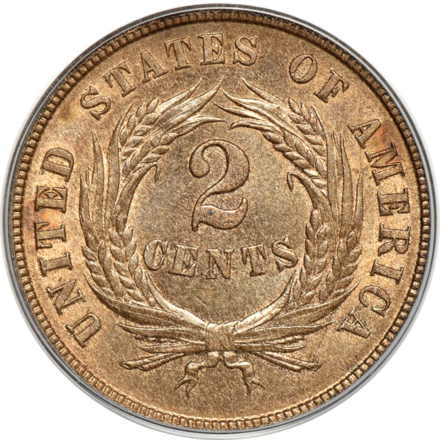 1865 two-cent piece MS-64RD, and an 1862 half-dime MS-62, both PCGS (green label) CAC