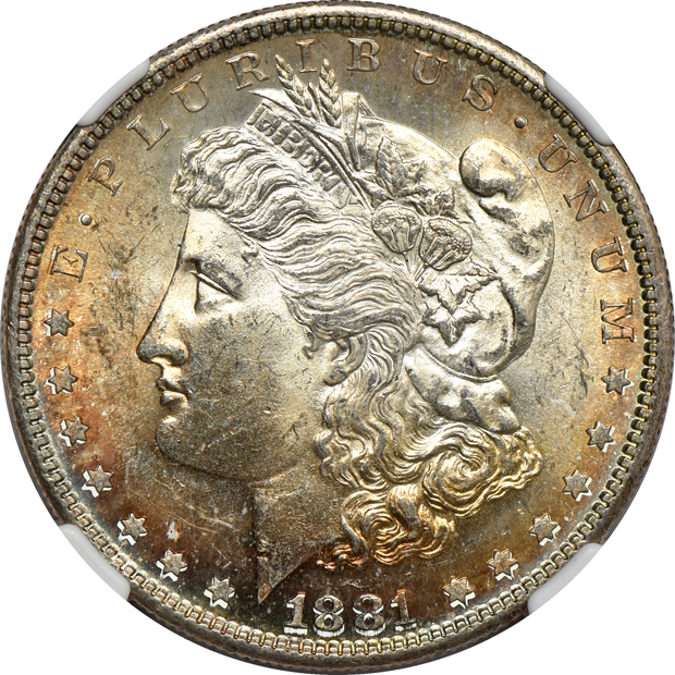 Eleven Uncirculated toned Morgan silver dollars, all CAC