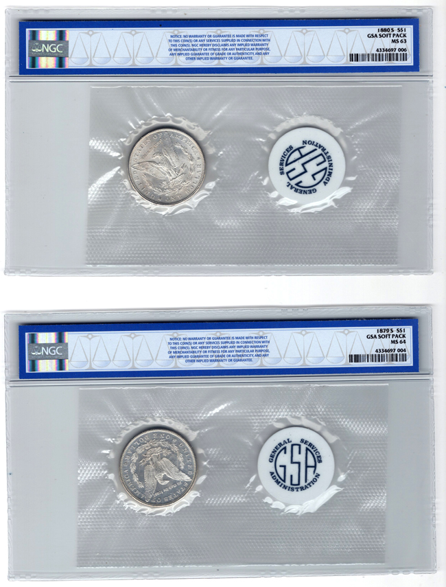 1879-S GSA Soft Pack MS-64, and an 1880-S GSA Soft Pack MS-63, both NGC