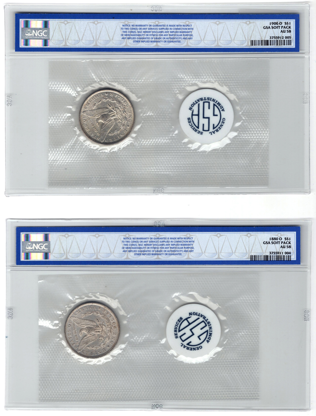 1880-O GSA Soft Pack and a 1900-O GSA Soft Pack, both NGC AU-58 