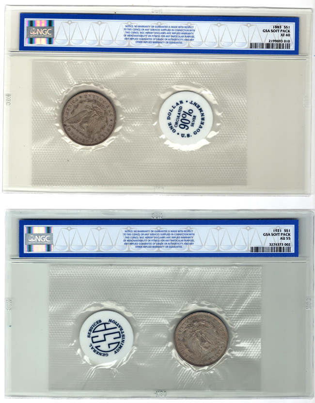 1881-O GSA Soft Pack XF-45, 1883 GSA Soft Pack XF-40, 1921 GSA Soft Pack AU-55, all NGC