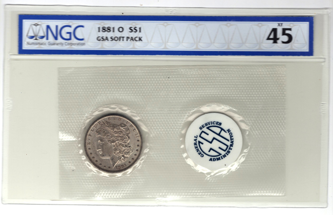 1881-O GSA Soft Pack XF-45, 1883 GSA Soft Pack XF-40, 1921 GSA Soft Pack AU-55, all NGC