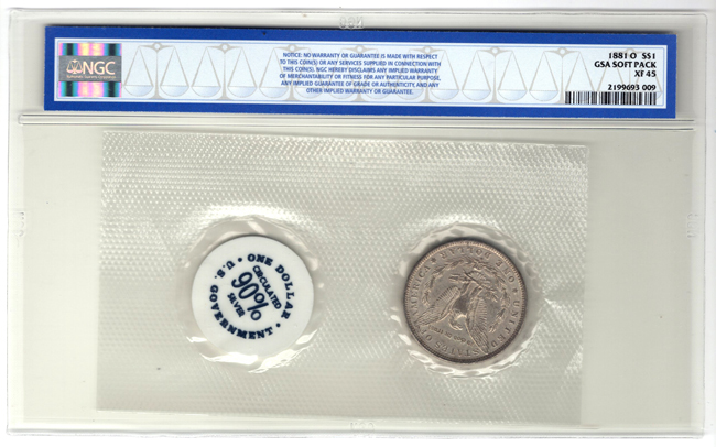 1881-O GSA Soft Pack XF-45, 1883 GSA Soft Pack XF-40, 1921 GSA Soft Pack AU-55, all NGC