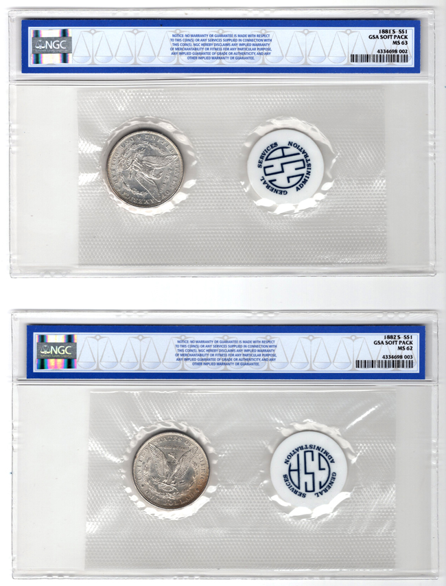 1881-S GSA Soft Pack MS-63, and an 1882-S GSA Soft Pack MS-62, both NGC