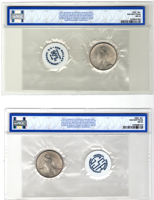 1922 GSA Soft Pack MS-64, 1923 GSA Soft Pack MS-63, and 1924 GSA Soft Pack MS-62, all NGC
