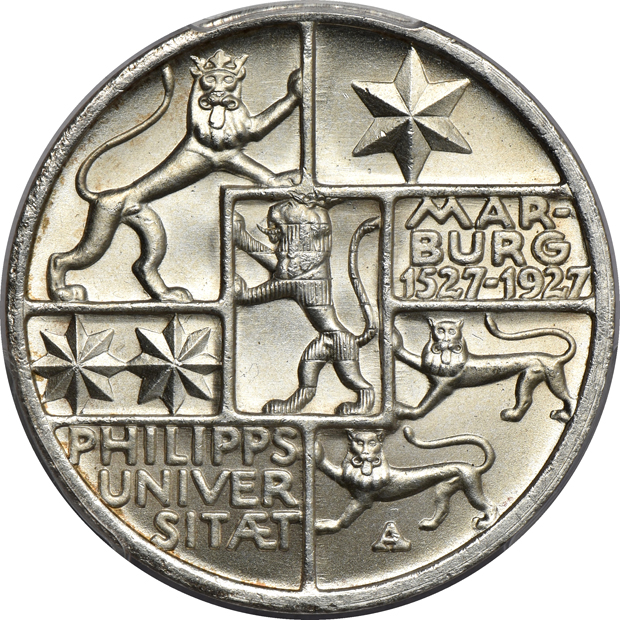Multiple - Five German coins and an 1876-CS Denmark ore, all six PCGS
