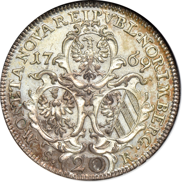 Germany - 1769-SR Nurnberg 20 kreuzer MS-63, 1785-A Prussia taler XF-40, and a 1930-S 5 mark MS-64, all NGC