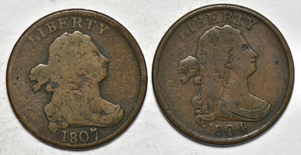 Ten half-cents, four Draped Bust and six Classic Head, as described