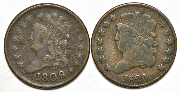 Ten half-cents, four Draped Bust and six Classic Head, as described
