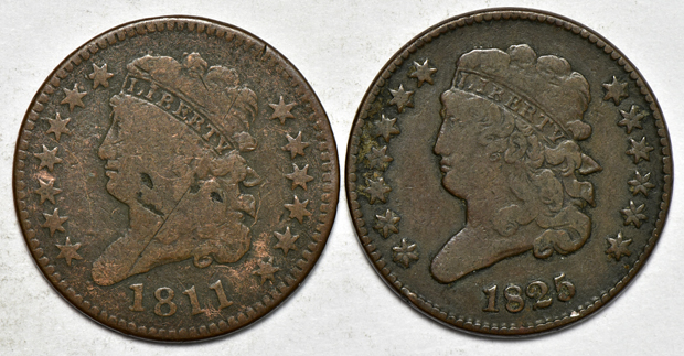 Ten half-cents, four Draped Bust and six Classic Head, as described