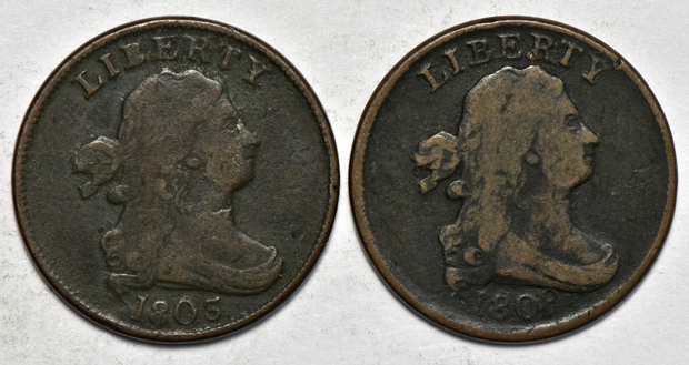 Ten half-cents, four Draped Bust and six Classic Head, as described