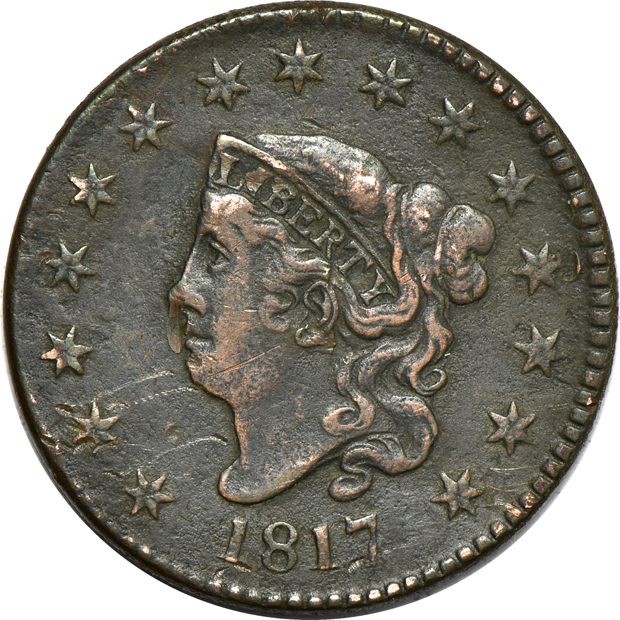 Eleven large cents, four Liberty Head and seven Braided Hair, as described