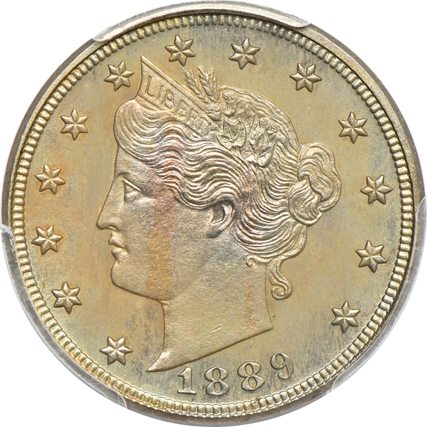 1875 Shield nickel PR-63, 1889 Liberty nickel PR-64, and a 1908 Liberty nickel PR-64, all PCGS