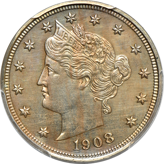 1875 Shield nickel PR-63, 1889 Liberty nickel PR-64, and a 1908 Liberty nickel PR-64, all PCGS
