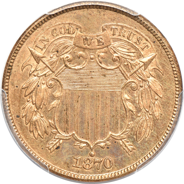 1870 two-cent piece PR-63RB, and an 1865 three-cent nickel MS-64, both PCGS
