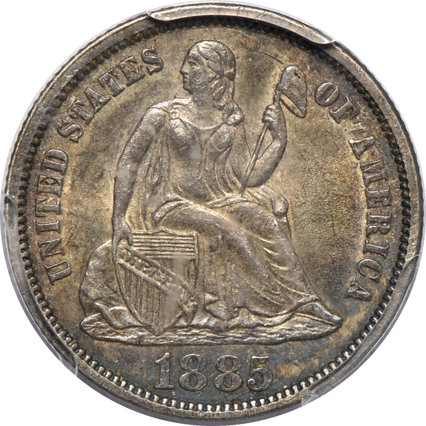 Three cents, a 1915-D Buffalo nickel AU-58, and an 1885 Liberty Seated dime AU-58 CAC, all certified