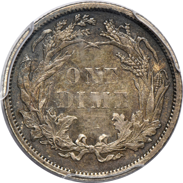 Three cents, a 1915-D Buffalo nickel AU-58, and an 1885 Liberty Seated dime AU-58 CAC, all certified