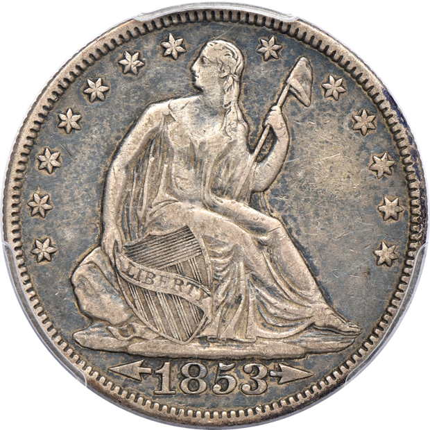 1853 Arrows and Rays DDR Liberty Seated half-dollar, plus three Barber half-dollars, all certified
