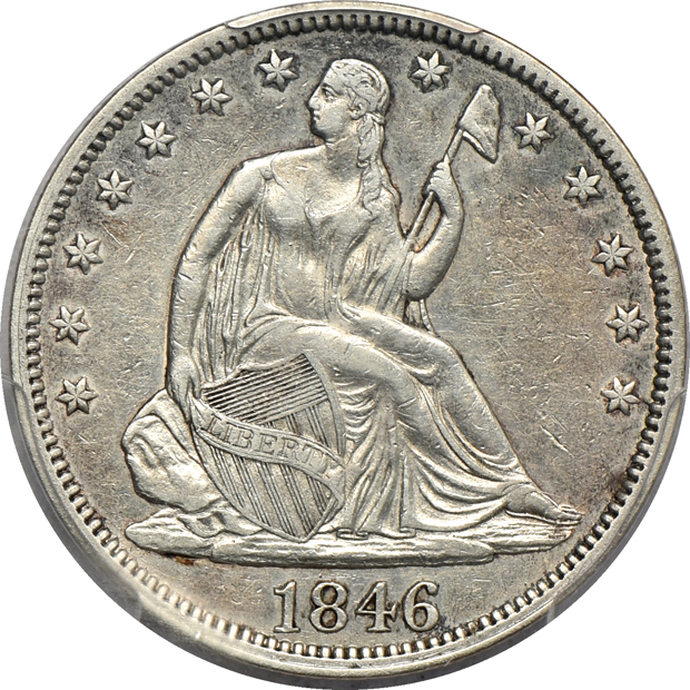 1832 Bust half-dollar NGC AU-50, 1846 Tall Date Liberty Seated half-dollar PCGS XF-40, and an 1847 Liberty Seated dollar PCGS VF details/smoothed