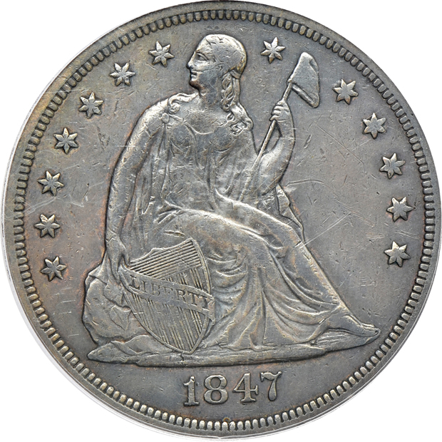 1832 Bust half-dollar NGC AU-50, 1846 Tall Date Liberty Seated half-dollar PCGS XF-40, and an 1847 Liberty Seated dollar PCGS VF details/smoothed
