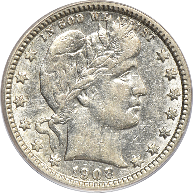 1873-S Liberty Seated half-dime MS-64, plus three Barber quarters, all PCGS certified