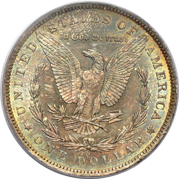 1880-S MS-66 (green label), and two 1885-O MS-65 CAC, all PCGS