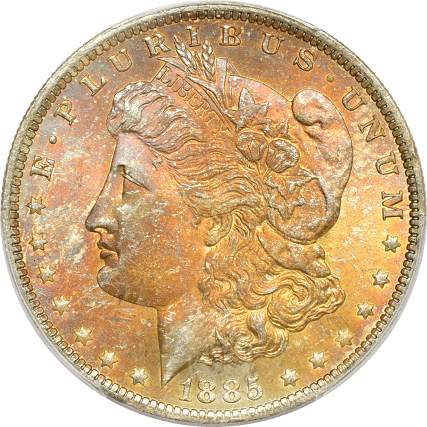 1880-S MS-66 (green label), and two 1885-O MS-65 CAC, all PCGS