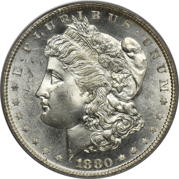 1880-S MS-66 (green label), and two 1885-O MS-65 CAC, all PCGS