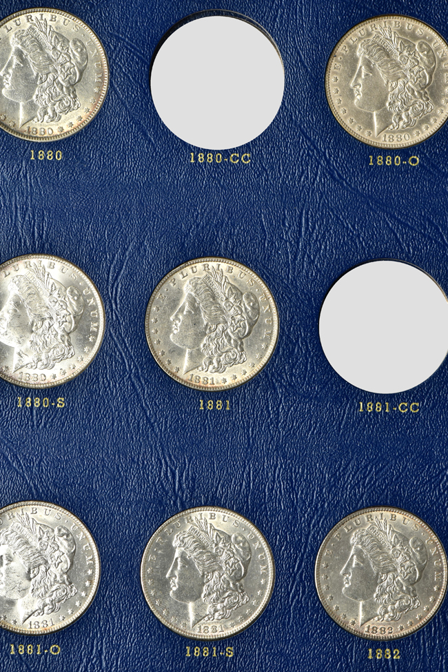 Collection of thirty-one different Morgan silver dollars, ranging from 1878 to 1886-S, in a Whitman 9427 album