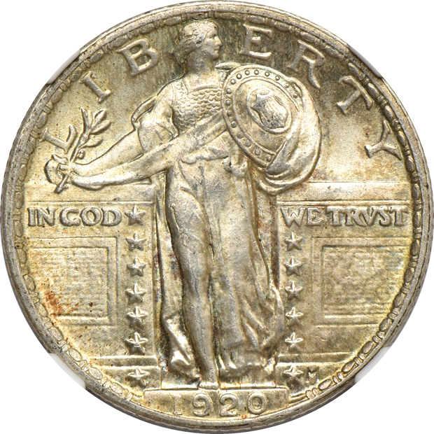 1892 Barber quarter PR-61 CAMEO, 1920 Standing Liberty quarter MS-64, 1918 Lincoln-Illinois MS-64, and a 1936 Cleveland MS-65, all NGC