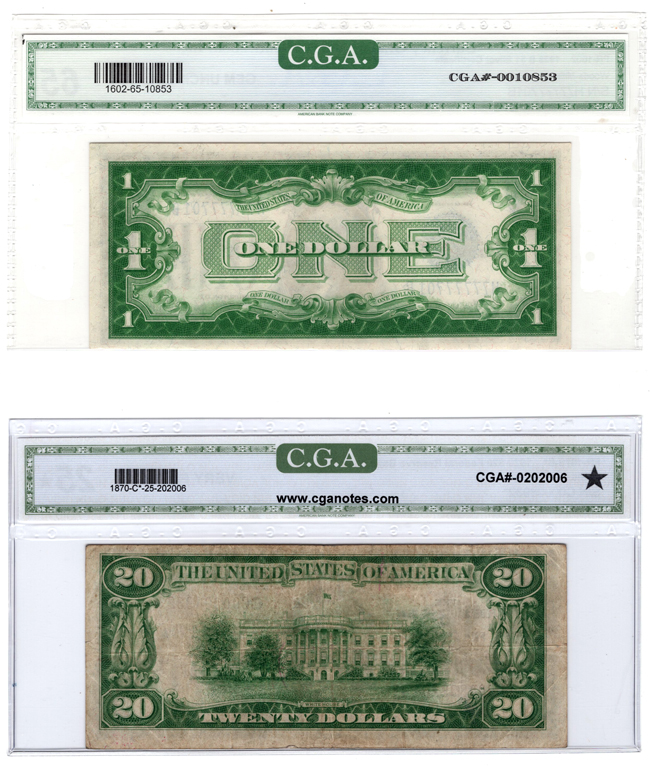 1928 B $1 Silver Certificate ChCU-65, and a 1929 $20 Federal Reserve Bank Note, Philadelphia Star VF-25, both CGA