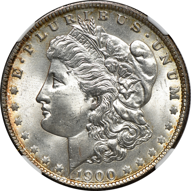 Eight Uncirculated Morgan silver dollars and an Uncirculated Peace silver dollar, all NGC