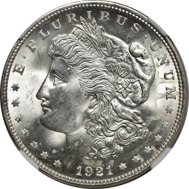Eight Uncirculated Morgan silver dollars and an Uncirculated Peace silver dollar, all NGC