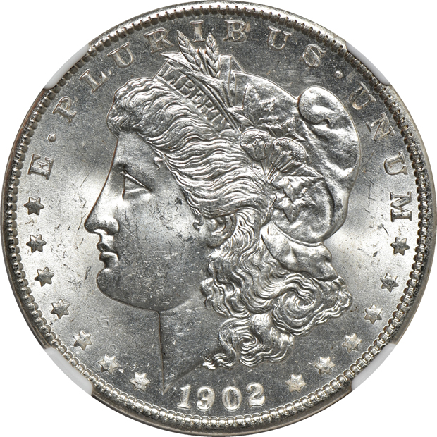 Eight Uncirculated Morgan silver dollars and an Uncirculated Peace silver dollar, all NGC