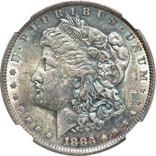 Six Uncirculated Morgan silver dollars and three Uncirculated Peace silver dollars, all NGC
