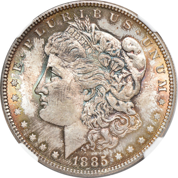 Six Uncirculated Morgan silver dollars and three Uncirculated Peace silver dollars, all NGC