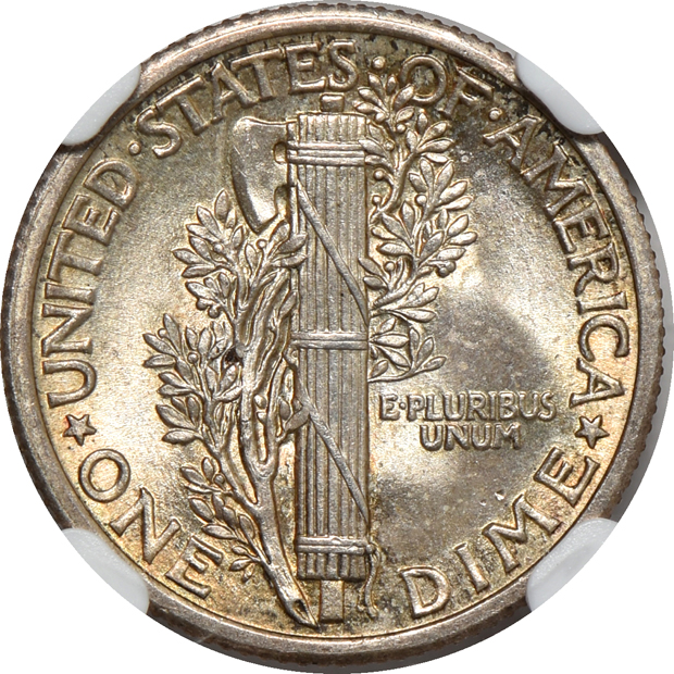 Three Buffalo nickels, a Mercury dime, and a Walking Liberty half-dollar, all NGC CAC