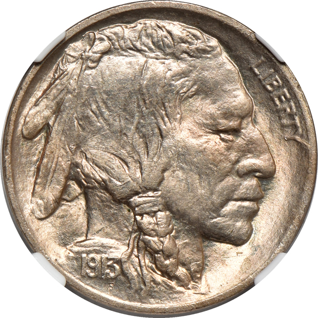 Three Buffalo nickels, a Mercury dime, and a Walking Liberty half-dollar, all NGC CAC
