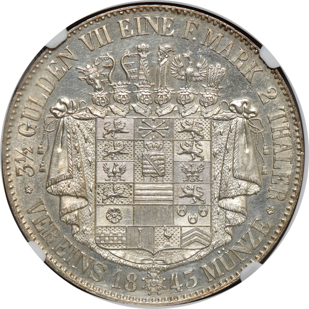 Germany - 1843 Saxe-Meiningen 2 Thaler - NGC UNC details/cleaned