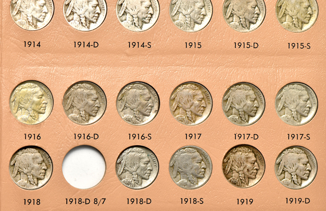 Nearly complete collection of Buffalo nickels in a Dansco 7112 album