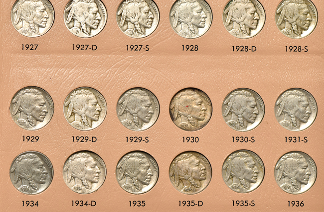 Nearly complete collection of Buffalo nickels in a Dansco 7112 album