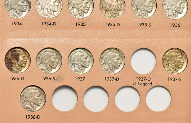 Nearly complete collection of Buffalo nickels in a Dansco 7112 album