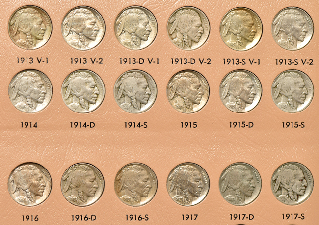 Nearly complete collection of Buffalo nickels in a Dansco 7112 album
