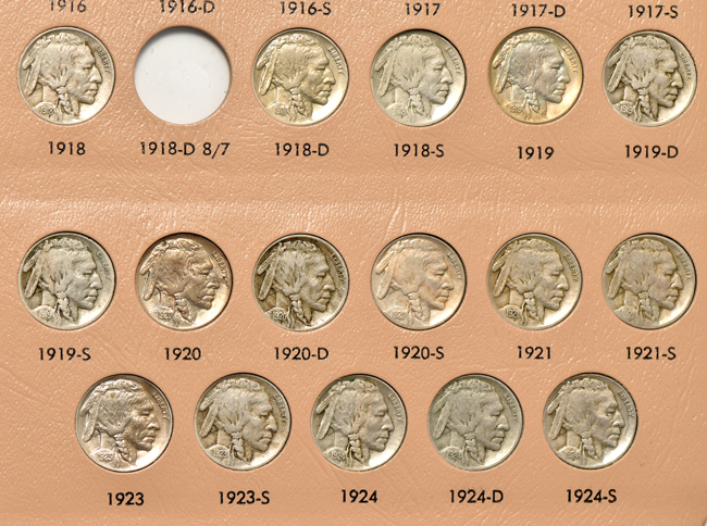 Nearly complete collection of Buffalo nickels in a Dansco 7112 album