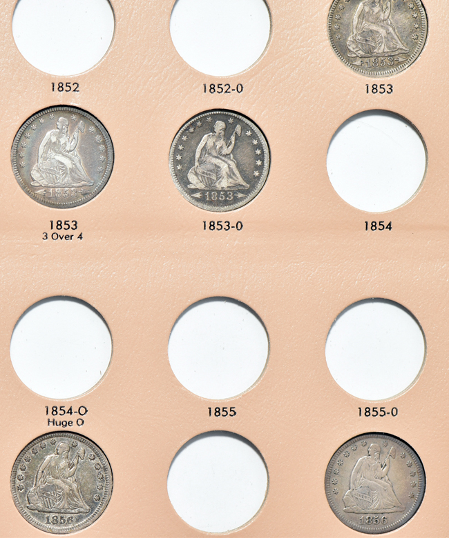 Twenty-six different Liberty Seated quarters in a Dansco 6142 album