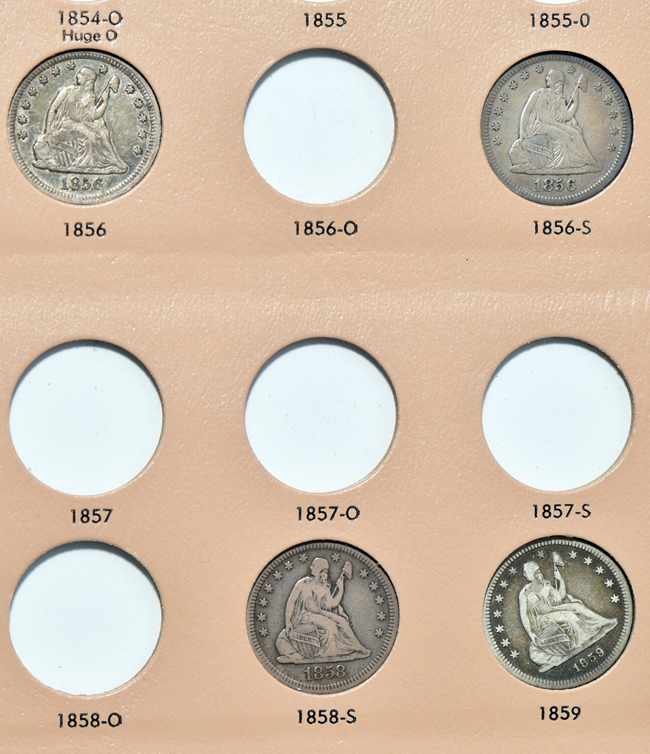Twenty-six different Liberty Seated quarters in a Dansco 6142 album