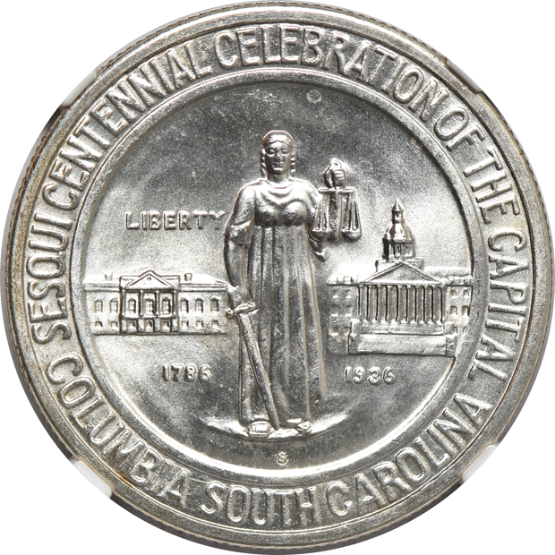 1925 Stone Mountain, 1936-S Columbia, and four 1946 Iowa, all NGC MS-66 CAC